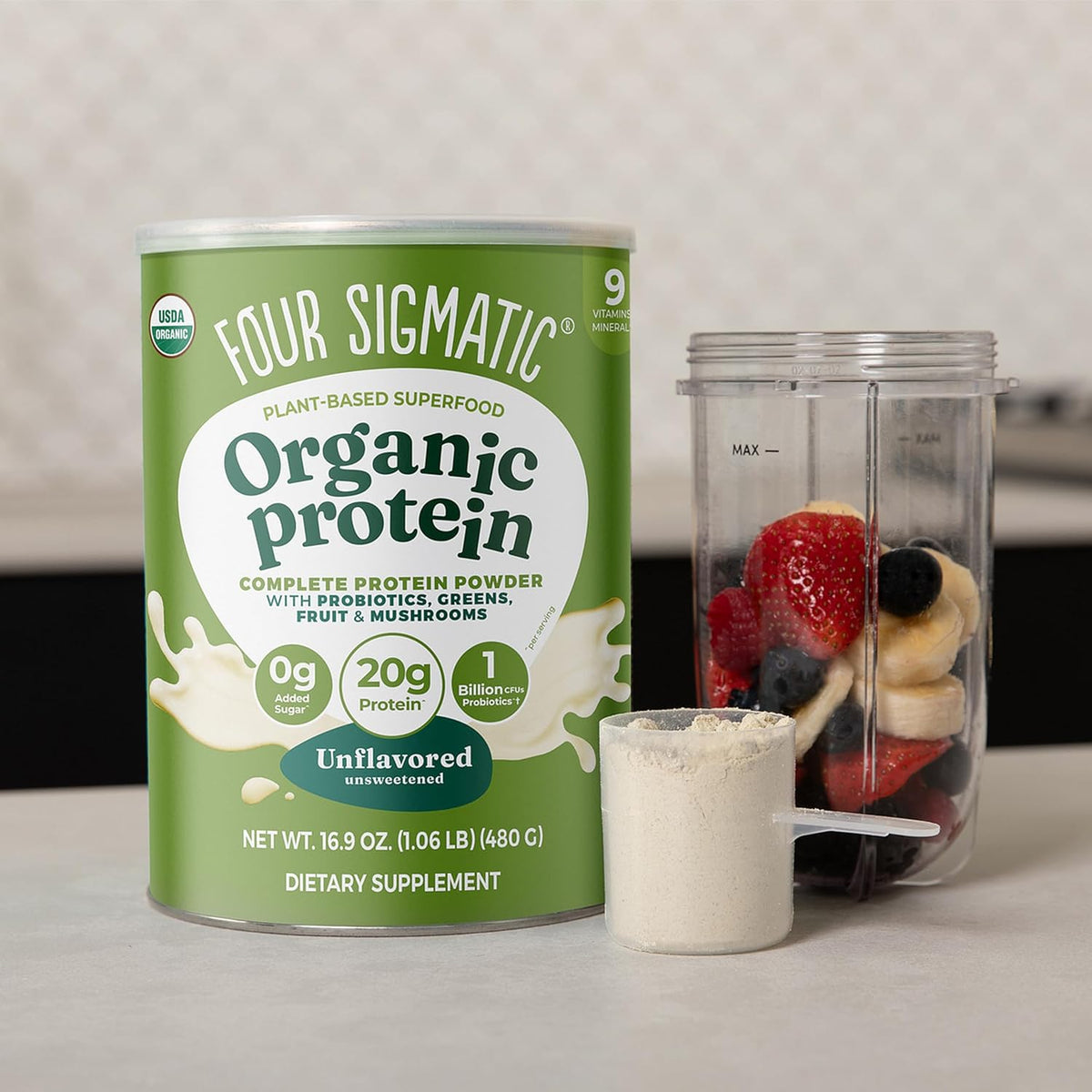 Organic Plant-Based Protein Powder | Clean Vegan Protein Elevated with Lion’S Mane, Chaga, Cordyceps and More for Brain Function and Immune Support | Unflavored, 16.9 Oz