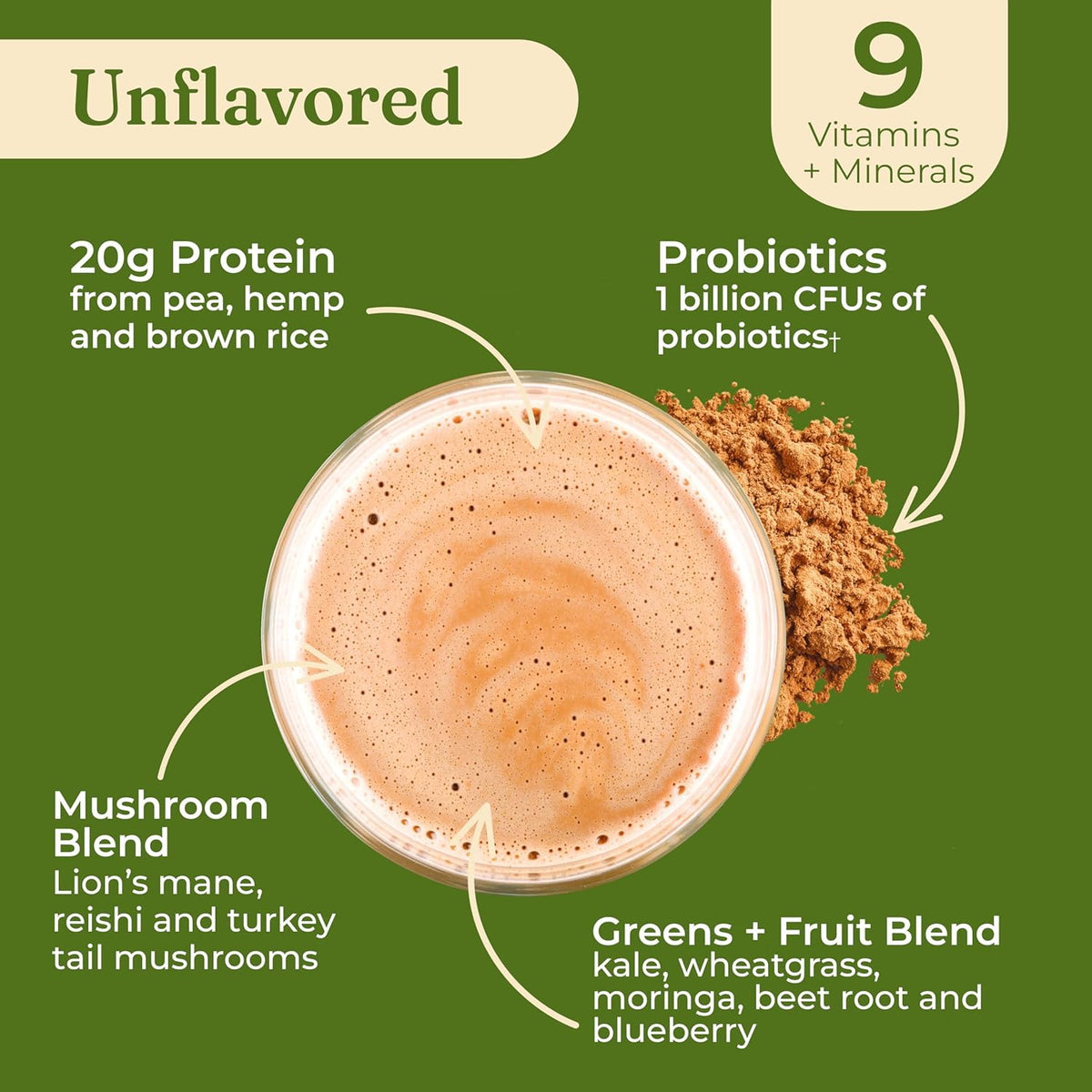 Organic Plant-Based Protein Powder | Clean Vegan Protein Elevated with Lion’S Mane, Chaga, Cordyceps and More for Brain Function and Immune Support | Unflavored, 16.9 Oz